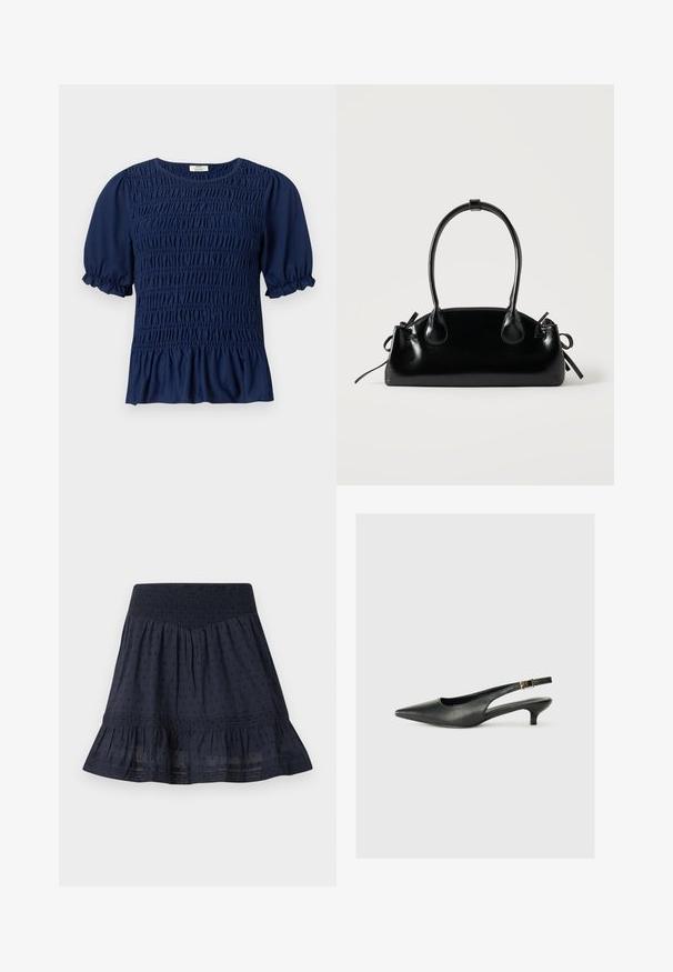 Donkerblauwe blouse met korte mouwen, geplooide plooien aan de voorkant en gebolde mouwen die eindigen in elastische ruches.; Marineblauwe knielange rok met elastische geplooide tailleband, subtiel gestippeld patroon en gerimpelde zoom.; Zwarte puntschoen met slingback van soepel leer. Kenmerkt zich door een dunne hak en een gespdetail op de verstelbare band.; Kleine zwarte glanzende handtas met twee lange hengsels en zijkant trekkoord details op een effen lichte achtergrond.