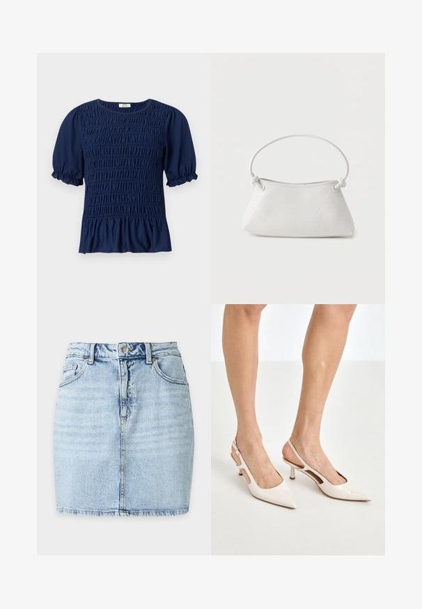 Marineblaue Kurzarmbluse mit gerafftem Shirring vorne und aufgeblasenen Ärmeln, die in elastischen Rüschen enden.; Hellblauer Jeans-Minirock mit Frontknopf, Gürtelschlaufen, zwei Vordertaschen und sichtbarer vertikaler Naht in der Mitte.; Beige Lackleder Slingback-Absätze mit spitzem Fuß und 5 cm Absatz, mit ausgeschnittenen Seiten und einem schmalen Knöchelriemen.; Weiße gewebte Lederhandtasche mit abgerundetem Griff und verknoteten Riemenenden, vor schlichtem Hintergrund präsentiert.