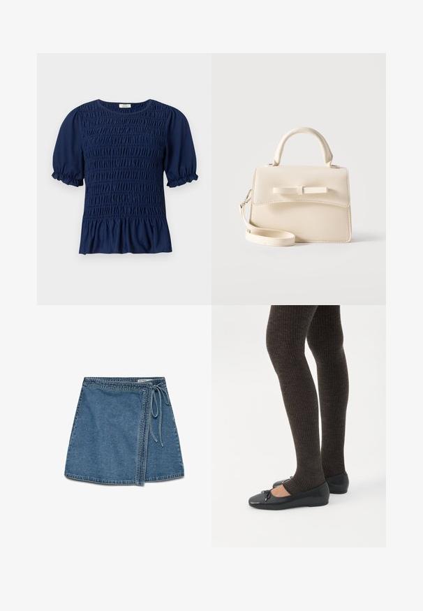 Donkerblauwe blouse met korte mouwen, geplooide plooien aan de voorkant en gebolde mouwen die eindigen in elastische ruches.; Lichtblauwe denim wikkelrok met een strik in de taille, met een rechte snit en een gladde textuur. Geen zichtbare patronen of accenten.; Benen met donkere geribbelde leggings gecombineerd met zwarte ballerina's met kleine strikdetails op een witte achtergrond.; Kleine beige handtas met bovenhandvat, afneembare riem, voorflap en decoratieve horizontale strik op een effen achtergrond.