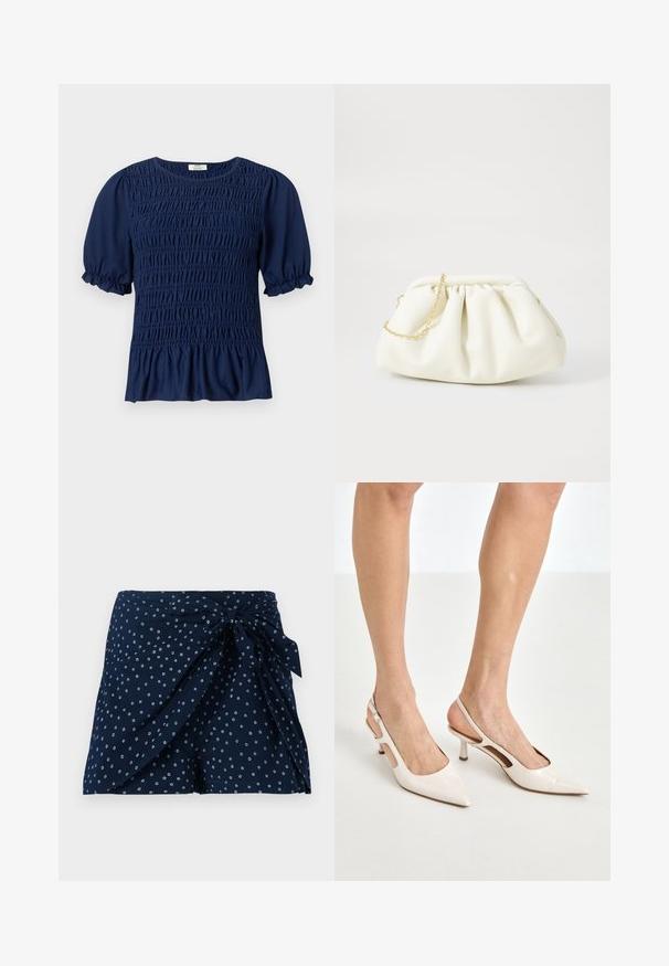 Marineblaue Kurzarmbluse mit gerafftem Shirring vorne und aufgeblasenen Ärmeln, die in elastischen Rüschen enden.; Dunkelblaue Shorts mit einem Wickeldesign und vorderem Bindedetail. Besitzt ein verstreutes kreisförmiges weißes Muster. Hergestellt aus leichtem Stoff.; Beige Lackleder Slingback-Absätze mit spitzem Fuß und 5 cm Absatz, mit ausgeschnittenen Seiten und einem schmalen Knöchelriemen.; Weiße Lederhandtasche mit einem gerafften Design, ausgestattet mit einem goldenen Kettenriemen und einer runden Form. Glatte Textur mit sanften Falten und ohne Muster.