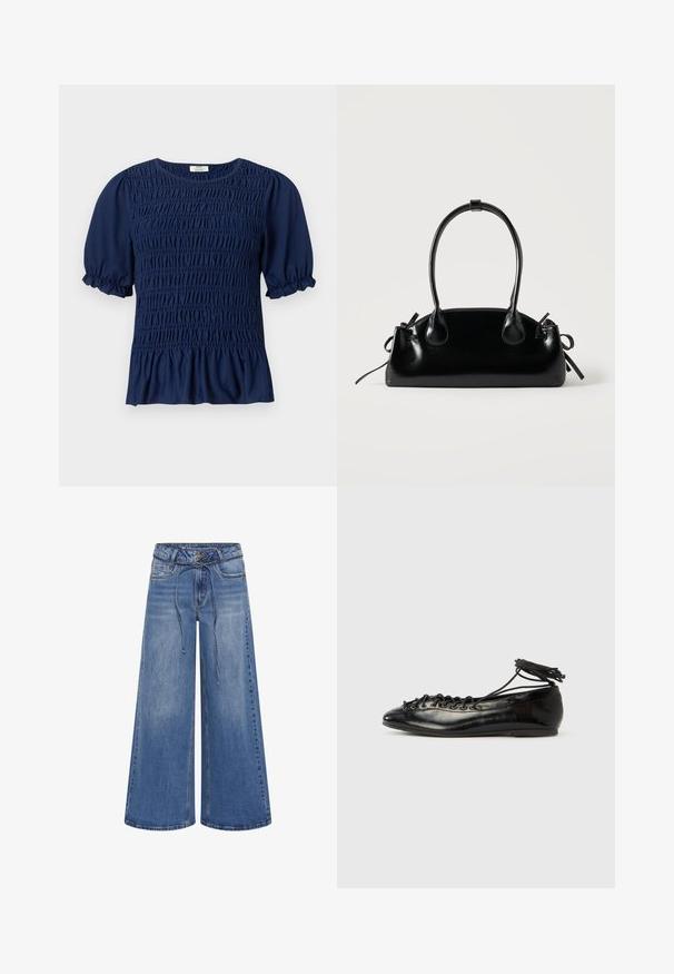 Marineblaue Kurzarmbluse mit gerafftem Shirring vorne und aufgeblasenen Ärmeln, die in elastischen Rüschen enden.; My Essential Wardrobe MWKARO 144 MID XWIDE - Wide Leg - medium blue wash; Schwarze Ballerinas aus Lackleder mit runder Spitze, Schnürdesign und flacher Sohle. Glatte Textur mit minimaler Verzierung.; Kleine schwarze glänzende Handtasche mit zwei langen Griffen und seitlichen Kordelzug-Details vor einfachem hellem Hintergrund.