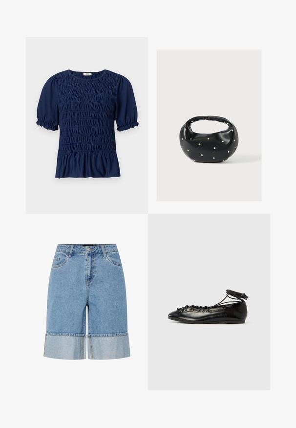 Marineblå kortærmet bluse med rynket smug på fronten og puffede ærmer, der ender i elastiske flæser.; Lysblå denimshorts med oprullet kant, der har knaplukning, bæltestropper og to frontlommer. Glat tekstur og afslappet design.; Sorte balletflade sko i laklæder med rundet tå, snørelukning og flad sål. Glat tekstur med få detaljer.; Sort læderhåndtaske med en rundet form, dekoreret med sølvnitter, og et kort håndtag. Glat tekstur og lynlåslukning.