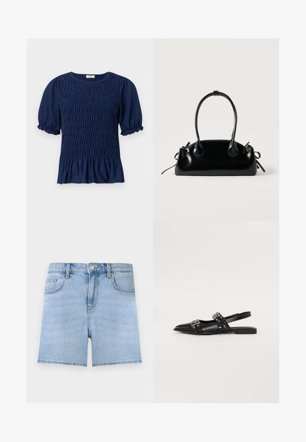 Blouse bleu marine à manches courtes avec fronces à l'avant et manches bouffantes terminées par des volants élastiques.; Short en jean bleu clair avec bouton à l'avant, fermeture éclair, passants de ceinture et design cinq poches sur un fond uni.; Even&Odd by Zalando Ballerines à brides arrière - black; Petit sac à main noir brillant avec deux longues anses et des détails à cordon sur les côtés sur un fond clair uni.
