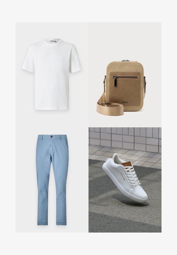 T-shirt blanc à manches courtes en maille gaufrée avec col rond, petite étiquette de marque à l'intérieur du col, présenté sur un fond uni.; Pantalon bleu clair en tissu tissé, avec une fermeture à bouton et des poches standard, doté d'une coupe fuselée et de bas de pantalon revers.; Baskets en cuir blanc avec une texture lisse, accent beige au niveau du talon, logo doré sur le côté et semelle en caoutchouc avec une adhérence texturée.; Petit sac bandoulière beige avec poche avant zippée, logo métallique ALDO, sangle large ajustable et forme rectangulaire arrondie sur fond blanc.