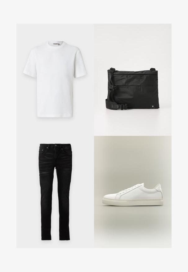 Weißes, kurzärmeliges T-Shirt mit Waffelstrick und Rundhalsausschnitt, mit kleinem Markenetikett im Kragen, auf einfarbigem Hintergrund präsentiert.; Schwarze Skinny-Jeans mit einer glatten Denim-Oberfläche, traditionellem Fünf-Taschen-Design, Reißverschluss und dezenten Ausbleichungen auf dem Stoff.; Weißer Sneaker mit niedrigem Schaft, vorn mit Schnürung und dicker Sohle, aus der Seitenansicht vor neutralem Hintergrund.; Schwarze Nylon-Umhängetasche mit verstellbarem Riemen, flachem Design und seitlichem Etikett mit Logo. Glatte Textur und minimalistischer Stil.