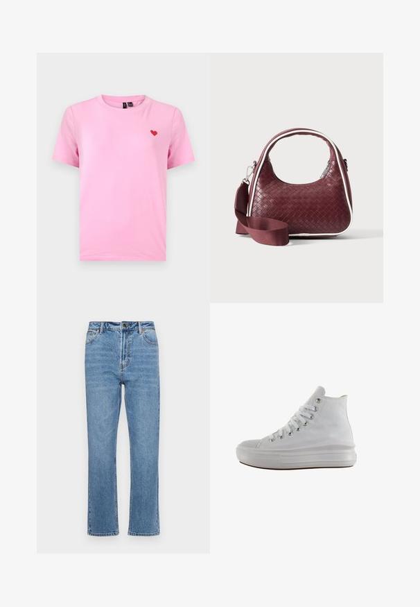 T-shirt rose à manches courtes avec col rond, portant un petit cœur rouge brodé sur le côté gauche de la poitrine.; Jean en denim bleu clair avec une coupe droite, cinq poches, fermeture à bouton à l'avant et décoloration subtile sur le tissu.; Baskets montantes en toile blanche avec lacets blancs, œillets métalliques, semelle épaisse en caoutchouc et bout texturé, orientées vers la gauche sur fond blanc.; Sac à main en cuir tressé marron foncé avec poignée courbée, garniture blanche, fermeture éclair argentée et bandoulière large en tissu amovible sur fond uni.