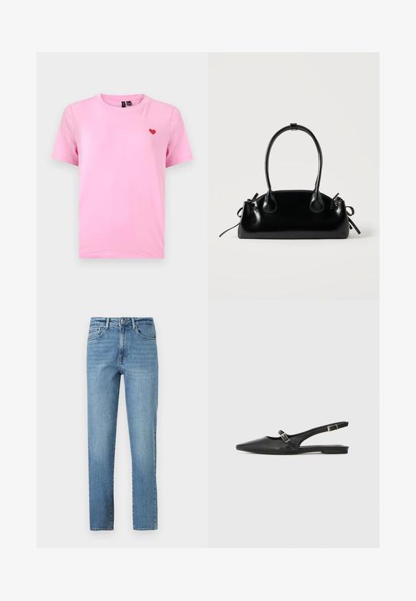 T-shirt rose à manches courtes avec col rond, portant un petit cœur rouge brodé sur le côté gauche de la poitrine.; Jean bleu clair en denim, avec une coupe droite, cinq poches et une ceinture standard avec une fermeture avant par bouton et zip.; Chaussures slingback en cuir noir avec un bout pointu, comprenant une lanière étroite et un accent de boucle argentée sur le côté. Semelle plate.; Petit sac à main noir brillant avec deux longues anses et des détails à cordon sur les côtés sur un fond clair uni.
