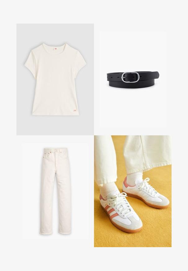Wit T-shirt met korte mouwen van geribd katoen, een ronde hals en een klein Levi's-logotagje aan de onderzoom.; Witte denim jeans met een recht gesneden ontwerp, vijf zakken en koperen hardware accenten. Afgeronde zoom aan de enkels.; Witte sportschoenen met roze accenten, gemaakt van suede en leer, met een ronde neus en een rubberen zool, weergegeven met lichtgekleurde sokken op een gele achtergrond.; Zwarte leren riem met een gladde textuur, ovaal zilveren metalen gespsluiting en meerdere verstelgaten langs de band. Platte, minimalistische uitstraling.