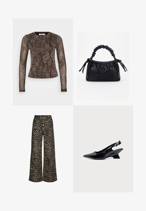 Top de manga larga con estampado de leopardo y escote redondo. Tela translúcida, diseño ajustado y superficie texturizada que presenta varios tonos de marrón y negro.; Pantalones de pierna ancha con un estampado integral de leopardo marrón y negro y cierre frontal con botones y cremallera.; Zapato slingback de cuero charol negro con puntera puntiaguda y tacón bajo en bloque inclinado sobre fondo claro liso.; Bolso negro con textura de cocodrilo, borde superior fruncido, asa recogida y cordones con borlas en cada lado sobre un fondo blanco.