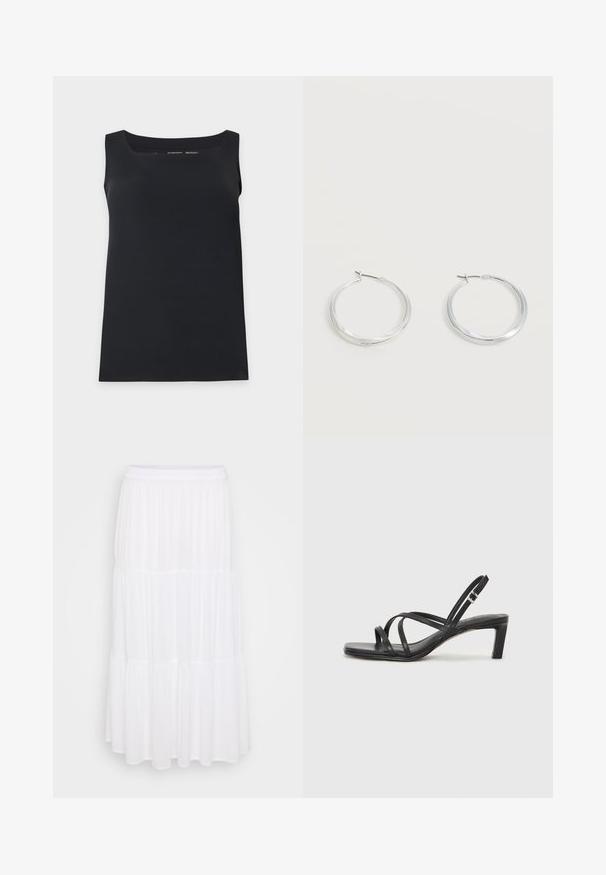 Zwart mouwloos hemdje met een vierkante halslijn, afgebeeld op een effen lichte achtergrond.; Witte gelaagde maxi-rok van lichtgewicht stof, met een elastische tailleband en een vloeiende textuur met subtiele plooidetails.; Zwarte sandaal met bandjes, vierkante teen en een lage blokhak. Voorzien van meerdere dunne bandjes en een verstelbare enkelband. Gemaakt van zacht leer.; Zilverkleurige metalen creolen oorbellen met een glad, licht gebogen oppervlak en sluitingen met haaksluiting op een effen witte achtergrond.