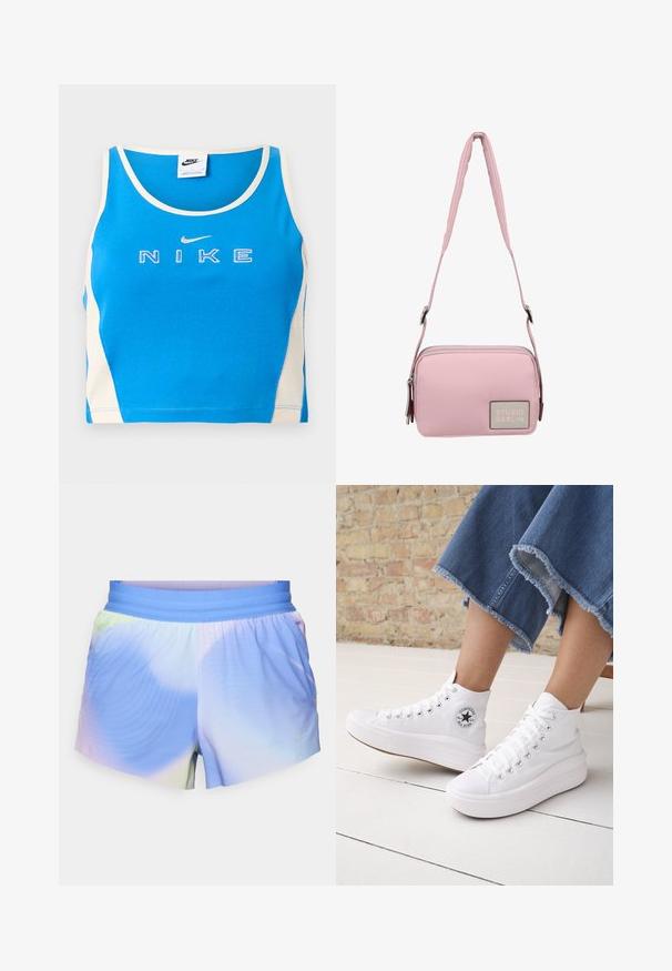 Blå og hvid kort Nike tanktop med broderet Nike-logo og swoosh foran, rund halsudskæring, ærmeløs design.; Letvægts atletiske shorts i en gradient af blå og pastelfarver. Har en elastisk talje og teksturerede mønsterdetaljer.; Person iført hvide høje Converse-sneakers med tykke såler og beskårne blå jeans med flossede kanter mod en murstensvæg og hvidt gulv.; Pink syntetisk taske med en enkelt justerbar skulderrem, rektangulær form, lynlåslukning og en tekstureret lap med "STUDIO BERLIN."