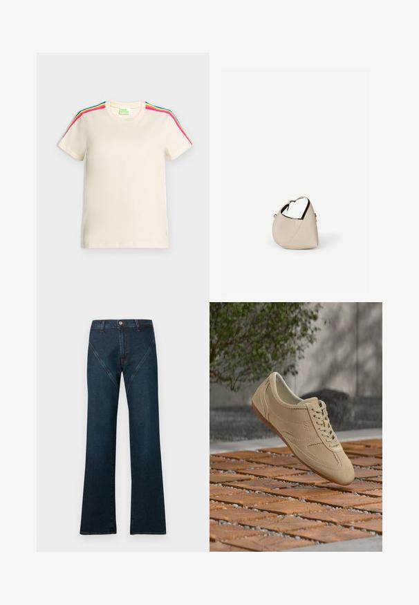 T-shirt crème à manches courtes avec col rond et rayures arc-en-ciel colorées le long des épaules et des manches, étiqueté "FROM FUTURE."; Jean évasé bleu foncé en denim, avec une taille haute, des surpiqûres contrastées et un design unique de poche avant inclinée.; Baskets en daim beige à lacets flottant au-dessus d'un sol en carrelage en bois, avec de la verdure et un mur gris en arrière-plan.; Sac à main en cuir beige en forme de croissant avec une seule bandoulière et des coutures minimalistes, posé sur un fond blanc uni.