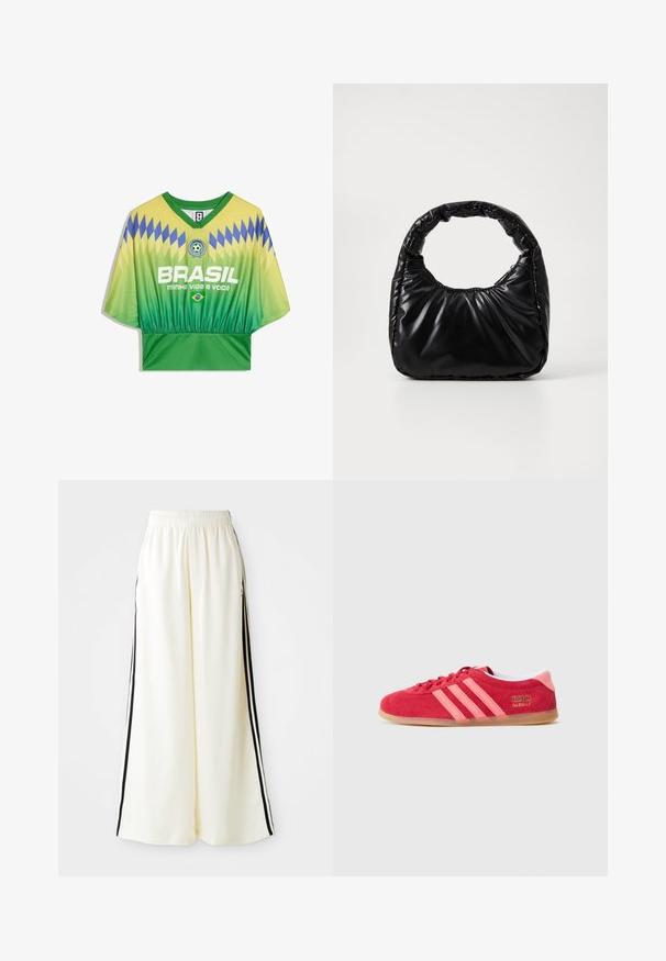 Grøn og gul Brasilien-fodboldtrøje med blåt diamantmønster, grøn V-hals og hvid tekst "BRASIL minha vida e você" samt et lille brasiliansk flag.; Hvide løse bukser med elastisk talje og sorte lodrette striber langs yderseams.; Rød ruskindssneaker med pink striber, gummisål i farven gum og gyldne logodetaljer. Har rundet tå og snørelukning.; Sort polstret håndtaske med et rundt håndtag, der har en glat, skinnende overflade og en blød, kviltet tekstur. Ingen synlige hardware eller accenter.