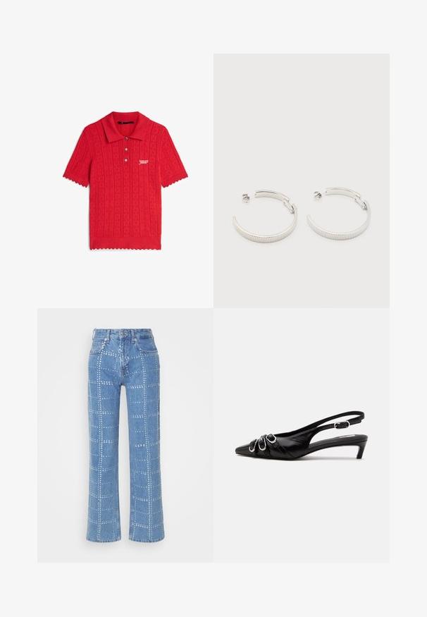 Červené krátky rukáv pletené polo tričko s textúrovaným vzorom, vlnitými okrajmi, zapínaním na gombíky a bielym logom „tommy jeans“ na hrudi.; Svetlo modré denimové nohavice so strihom s rovnými nohavicami, s mriežkovým vzorom strieborných cvokov a klasickým dizajnom s piatimi vreckami.; Čierna kožená slingback obuv so špicatou špičkou, tromi striebornými prackami vpredu a nízkym kitten podpätkom na bielom pozadí.; Strieborné polkruhové náušnice s ryhovanou textúrou a zadnou západkou na bielom pozadí.