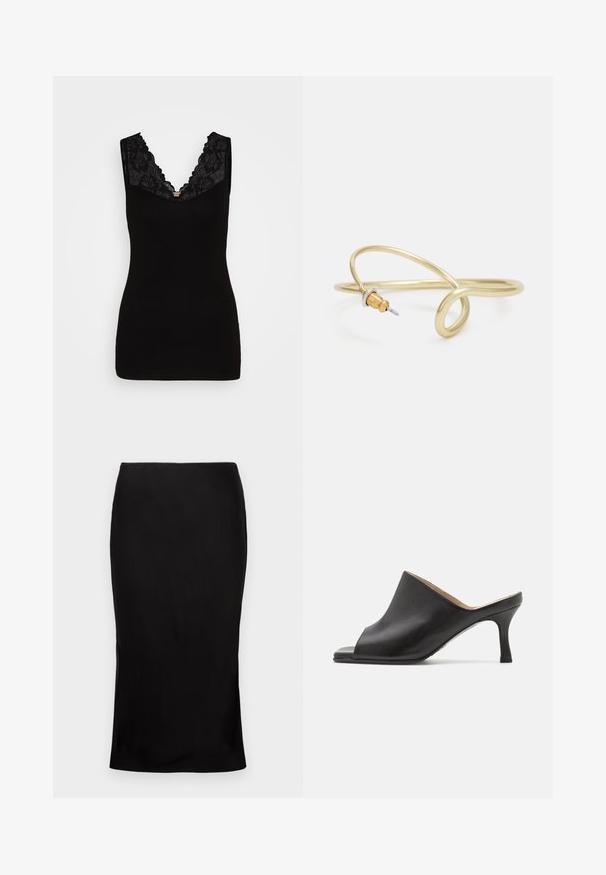 Top sin mangas negro con un profundo escote en V adornado con encaje negro, que presenta una textura suave y una silueta ajustada.; Falda midi negra ajustada con una textura suave, detalle de abertura lateral y una cinturilla clásica. Diseñada para una silueta elegante.; Selected ASHLEY - Mules de tacón - black; Pulsera de metal color oro con un diseño fluido y curvado. Presenta un pequeño acento plateado prominente en un extremo.