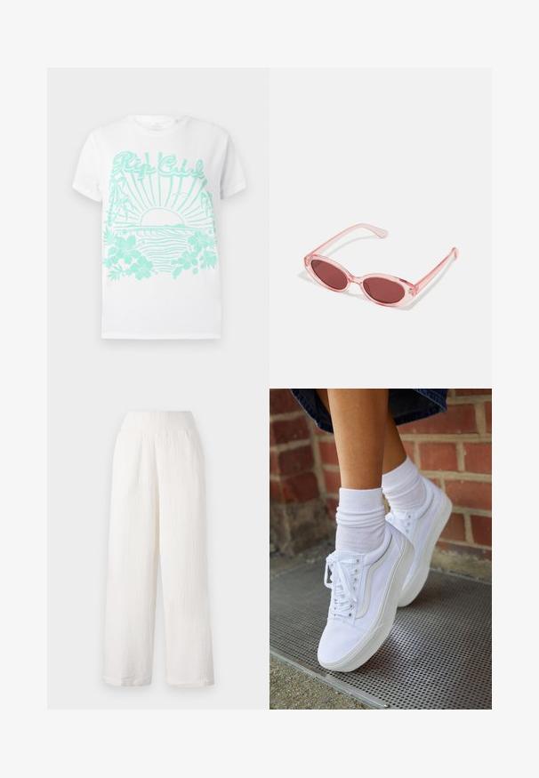 T-shirt blanche à manches courtes avec impression turquoise d'un soleil se couchant sur des vagues océaniques, des palmiers, des fleurs d'hibiscus et le texte "Rip Curl".; Pantalons larges blancs en tissu texturé et froissé. Dotés d'une taille élastique et de poches latérales pour plus de commodité.; Baskets en toile blanches avec semelles en caoutchouc, dotées de six œillets, d'un bout rond et de détails de couture légers, portées avec des chaussettes blanches mi-mollet.; Lunettes de soleil transparentes roses avec des verres ovales, teintés d'un rouge foncé, et des branches fines, présentant une finition lisse et des détails subtils sur la monture.