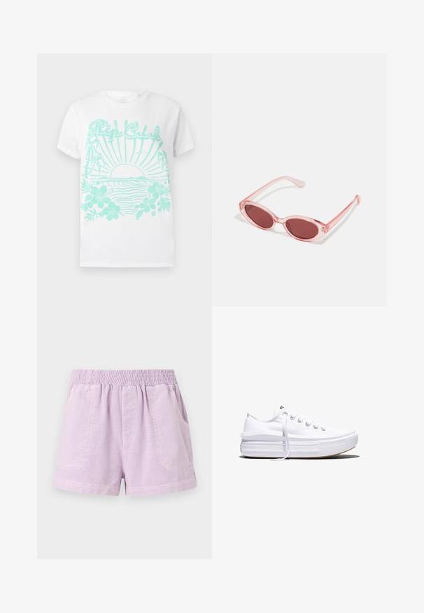 Hvid t-shirt med korte ærmer og turkistryk af en solnedgang over havbølger, palmetræer, hibiscusblomster og "Rip Curl" tekst.; Lilla shorts lavet af letvægtsstof med elastisk talje, der har to frontlommer og en afslappet pasform.; Hvid lavt snørestøvle med tyk plateau-sål, snørelukning foran og gummiforstærket tåkap, set i sideprofil.; Lyserøde transparente solbriller med ovale linser, mørkerød toning og slanke stænger, der har en glat overflade og diskret detaljering på rammen.