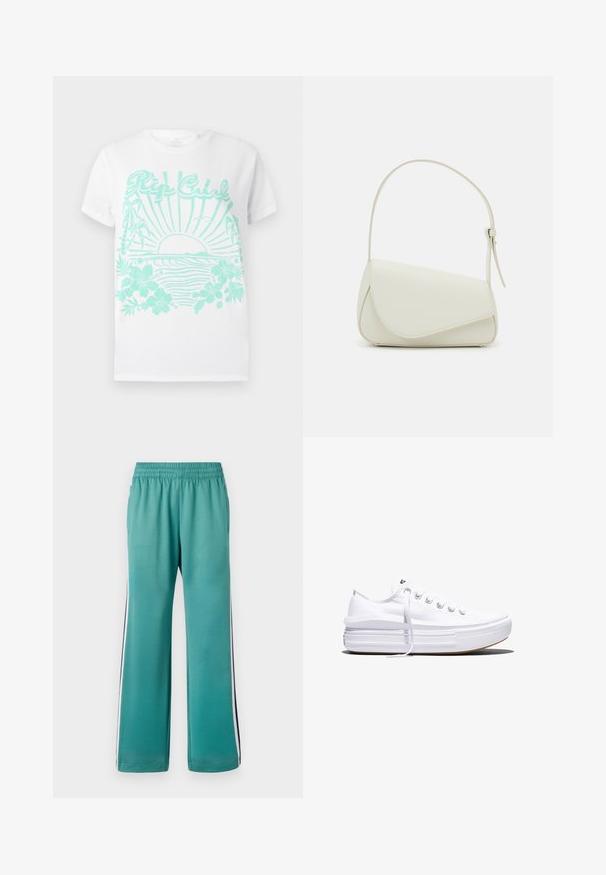 T-shirt blanche à manches courtes avec impression turquoise d'un soleil se couchant sur des vagues océaniques, des palmiers, des fleurs d'hibiscus et le texte "Rip Curl".; Pantalons de survêtement teal avec une taille élastique, jambes larges et rayures latérales en bleu marine et blanc. Tissu lisse avec une finition mate.; Baskets basses blanches en toile avec semelle plateforme épaisse, lacets sur le devant et embout en caoutchouc texturé, vues de profil.; Sac à main en cuir synthétique blanc avec une forme triangulaire structurée, une bandoulière unique réglable et un rabat à courbes accentuées.