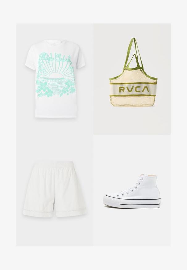 Hvid t-shirt med korte ærmer og turkistryk af en solnedgang over havbølger, palmetræer, hibiscusblomster og "Rip Curl" tekst.; Hvide linned-shorts med elastisk talje, afslappet pasform og dekorativ blondekant ved kanten. Glat tekstur og afslappet design.; Hvide høj-top sneakers lavet af kanvasmateriale, sort gummisål og kontrasterende sort stribe på mellemsålen. Rund tåhætte og snørebåndsdesign.; Beige net-taske med olivengrøn kant og håndtag, der har "RVCA" logo på midterpanelet mod en ensfarvet baggrund.