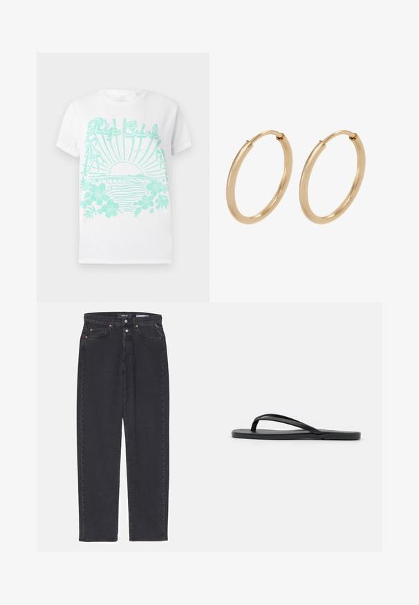 Witte T-shirt met korte mouwen en turquoise print van een zon die ondergaat boven oceaangolven, palmboom, hibiscusbloemen en de tekst "Rip Curl".; Zwarte denim broek met rechte pasvorm, voorzien van koperen klinknagels, knoopsluiting en vijf zakken. Schoon ontwerp zonder extra versieringen.; Zwarte flip-flop met een minimalistisch ontwerp, een platte zool, smalle banden en een gladde textuur. Geen extra patronen of accenten.; Gouden creolen met een gladde, gepolijste afwerking. Ronde vorm, middelgrote maat, met een veilige sluitmechanisme.