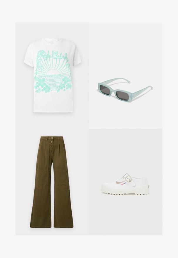 T-shirt blanche à manches courtes avec impression turquoise d'un soleil se couchant sur des vagues océaniques, des palmiers, des fleurs d'hibiscus et le texte "Rip Curl".; Pantalon large kaki à taille haute, fermeture avant à quatre boutons, et grandes poches plaquées rectangulaires sur les cuisses.; Chaussure Mary Jane en toile blanche avec semelle épaisse à crampons et boucle argentée, estampillée d'une petite étiquette "Superga" sur le côté.; Une paire de lunettes de soleil rectangulaires avec des montures translucides bleu clair et des verres gris foncé, présentant des branches droites et des détails matériels minimaux.
