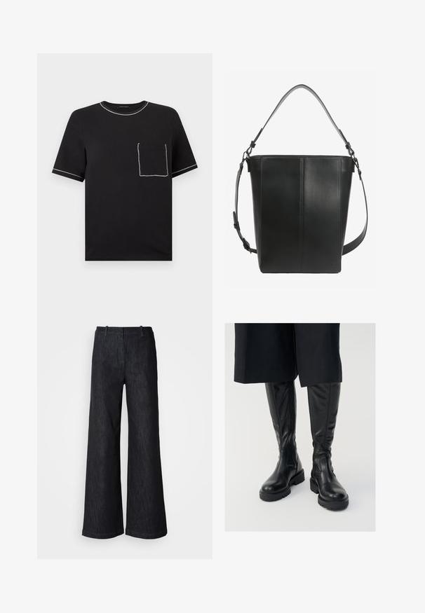 Sort T-shirt med korte ærmer og hvid kontrastsyning på kraven, ærmekanterne og en brystlomme på venstre side.; Sorte viddebenede denimbukser med en tekstureret finish, udstyret med bæltestropper og en ren kant. Klassisk design, velegnet til forskellige lejligheder.; Sorte læder knæhøje støvler med en glat tekstur, kraftige såler og side-lynlåse. Designet har diskrete sømdetaljer.; Sort læder bucket taske med to justerbare skulderstropper og minimale syningsdetaljer på en ensfarvet baggrund.