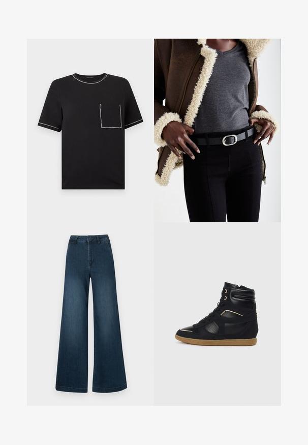 Sort T-shirt med korte ærmer og hvid kontrastsyning på kraven, ærmekanterne og en brystlomme på venstre side.; Mørkeblå høj talje brede ben denim jeans med forlommer og bæltestropper på en hvid baggrund.; Sorte høj-tops sneakers med læder- og ruskindspaneler, perforerede detaljer, gummisål og guldaccentuer på øjet.; Brun shearling-foderet jakke, grå v-hals skjorte, sort bælte med sølv oval spænde, sort tætsiddende jeans, teksturerede materialer og lagdelt design.