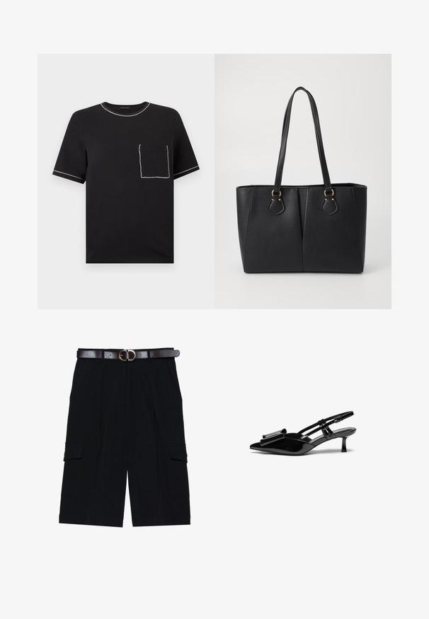 Sort T-shirt med korte ærmer og hvid kontrastsyning på kraven, ærmekanterne og en brystlomme på venstre side.; Sorte cargo shorts lavet af letvægtsstof, med lige snit, sidelommer og et brunt læderbælte med en sølvspænde.; Sorte patenterede læderslingbacks med spids tå, en sløjfedetalje foran og en lille stilettohæle. Remmene har justerbare spænder.; Sort faux læder tote taske med en tekstureret finish, to lange håndtag og hardware i guld tone-accenter på siden. Rektangulær form.
