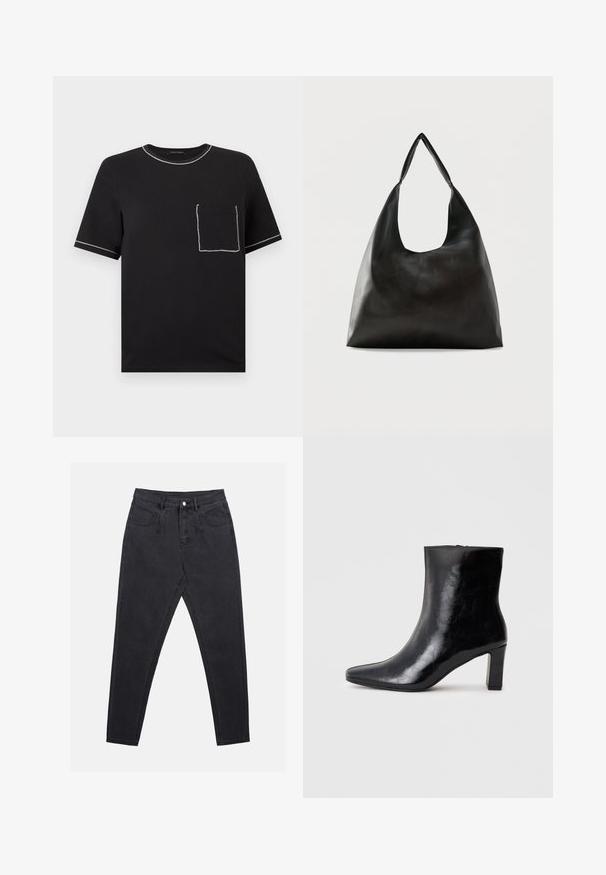 Sort T-shirt med korte ærmer og hvid kontrastsyning på kraven, ærmekanterne og en brystlomme på venstre side.; Sorte denimjeans med en slim fit, høj talje, fem-lomme design og bæltestropper. Teksturen er glat med minimal syningsdetalje.; Sorte ankelstøvler lavet af blank læder, med spidse tæer og en mellemstor blokhæl, med en glat tekstur og et enkelt design.; Sort skuldertaske i glat læder med en bred, enkelt strop og et afslappet, minimalistisk design mod en ensfarvet baggrund.