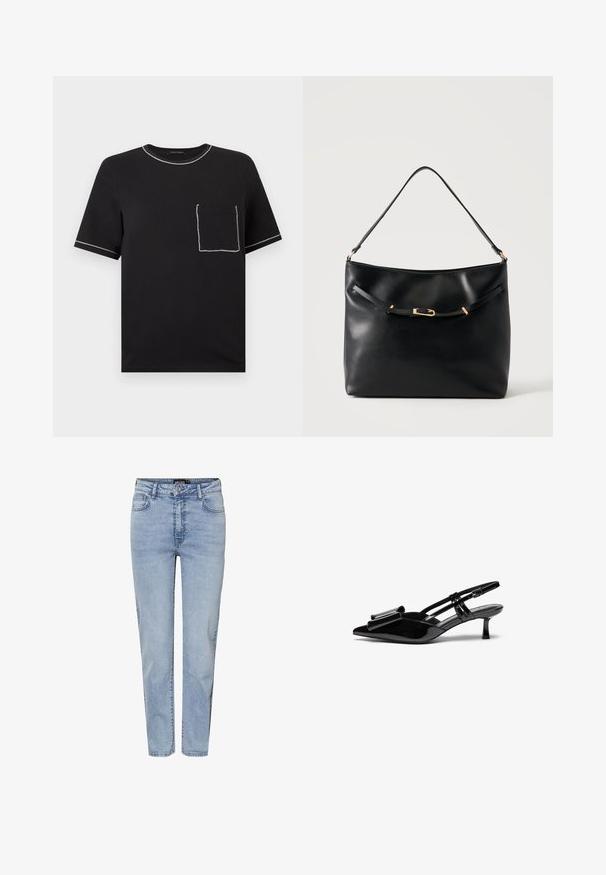 Camiseta negra de manga corta con costuras contrastantes blancas en el cuello, los bordes de las mangas y un bolsillo frontal en el pecho izquierdo.; Vaqueros azul claro de tiro alto y pierna recta con botón delantero, cremallera y diseño de cinco bolsillos.; Zapatos de tacón slingback de charol negro con punta afilada, detalle de lazo en el frente y un pequeño tacón de aguja. Las correas tienen hebillas ajustables.; Bolso de hombro de cuero negro con una sola correa y un pequeño detalle de hebilla dorada en la parte delantera sobre un fondo claro y liso.