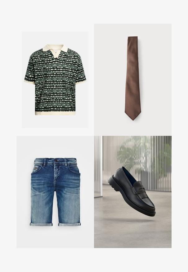 Polo de punto de manga corta con cuello y puños en color crema, con un patrón de rayas horizontales abstractas en verde oscuro y crema.; Shorts de mezclilla en azul medio con un acabado ligeramente desgastado. Presentan dobladillos doblados, diseño de cinco bolsillos y cierre de botón de metal.; Mocasines de cuero negro con acabado liso, que presentan una correa decorativa y un panel texturizado en la parte delantera, y una suela de goma texturizada.; Corbata de seda marrón con una textura suave, forma estrecha y punta afilada, presentada sobre un fondo liso.