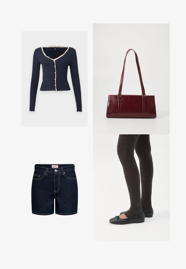 Marineblå langærmet kort cardigan med beige flæsekanter, V-udskæring og frontknapper på ensartet lys baggrund.; Mørkeblå denimshorts med en tætsiddende pasform, fem lommer, gyldne syninger og lukning med knap foran. Materialet har en glat tekstur.; Ben iført mørke ribbede leggings kombineret med sorte balletsko med små sløjfedetaljer på hvid baggrund.; Bordeaux håndtaske lavet af glansfuldt materiale, rektangulær form, med to skulderremme og subtile buede detaljer på forsiden.