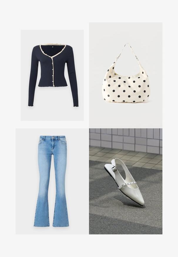 Marineblå langærmet kort cardigan med beige flæsekanter, V-udskæring og frontknapper på ensartet lys baggrund.; Lysblå flagrende jeans lavet af denim med midt-høj talje, med forlommer og syninger langs sømme og kanter.; Hvid spids slingback flad sko med to sølvspænder, vist udendørs på tekstureret underlag og flisebelagt væg baggrund.; Håndtaske i cremefarvet stof med sorte polkaprikker og en enkelt skulderrem, vist mod en ensfarvet hvid baggrund.