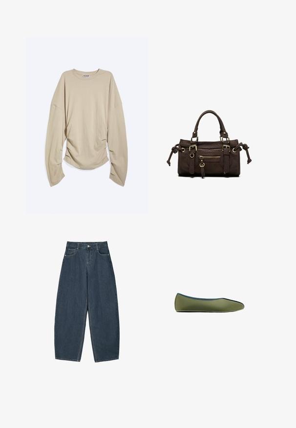 T-shirt beige à manches longues, col rond, avec des manches amples et des côtés froncés, posé à plat sur fond blanc.; Jeans en denim bleu foncé à jambes larges avec une taille haute, dotés de cinq poches et de détails de couture visibles. Design épuré et minimal.; Chaussure plate olive verte à enfiler avec un bout pointu et un liseré bleu contrastant le long du bord supérieur, vue de côté.; Sac à main en cuir marron foncé avec double poignée, poche avant zippée, boucles décoratives et nœuds latéraux sur fond blanc.