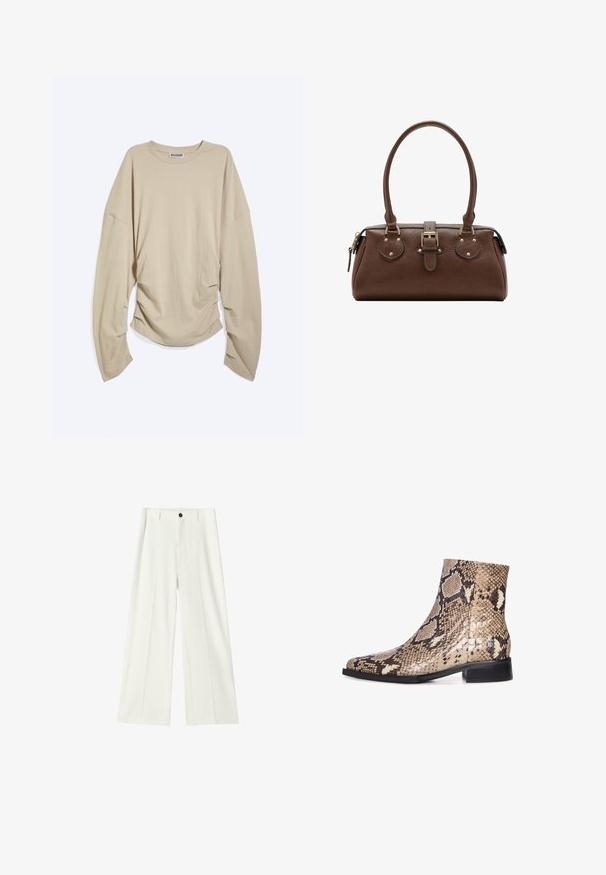 Beige shirt met lange mouwen en een ronde hals, met oversized mouwen en geplooide zijkanten, plat neergelegd op een witte achtergrond.; Witte, wijde broek met hoge taille, voorplooien, tailleband met riemlussen en een zwarte knoopsluiting.; Schoen van slangenleer tot de enkel met een puntige neus, met een glanzende afwerking, neutrale beige en bruine kleuren, lage zwarte hak en een gestructureerd patroon.; Bruine leren handtas met twee handvatten, een centrale gespband en goudkleurige hardware, afgebeeld tegen een witte achtergrond.