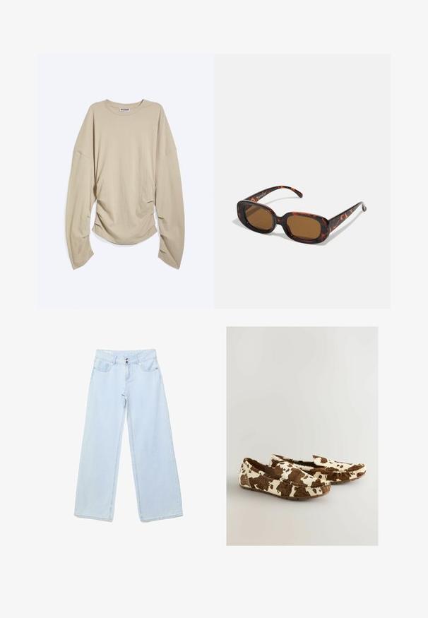 Beige langærmet rundhalset skjorte med overdrevne ærmer og rynkede sider, lagt fladt på en hvid baggrund.; Lyseblå jeans med vide ben, dobbelt knaplukning, forlommer og møntlomme, vist fladt mod en hvid baggrund.; Ko-mønster loafers lavet af blødt materiale med brun og hvidt mønster, der har slip-on design og flad gummisål.; Skildpaddefarvede solbriller med rektangulær form, brune linser, glat plastikskelet og tynde stænger med subtile tonale mønstre.