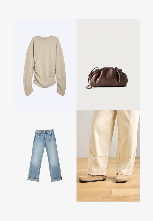 T-shirt beige à manches longues, col rond, avec des manches amples et des côtés froncés, posé à plat sur fond blanc.; Jean en denim bleu clair à jambes larges avec revers de bas de pantalon et légère usure sur les poches avant et les cuisses.; Pantalons larges beiges portés avec des sabots en suède tan de style Birkenstock sur un sol en bois clair.; Sacoche en cuir marron doux avec un haut froncé et une fine bandoulière, posée sur un fond blanc.