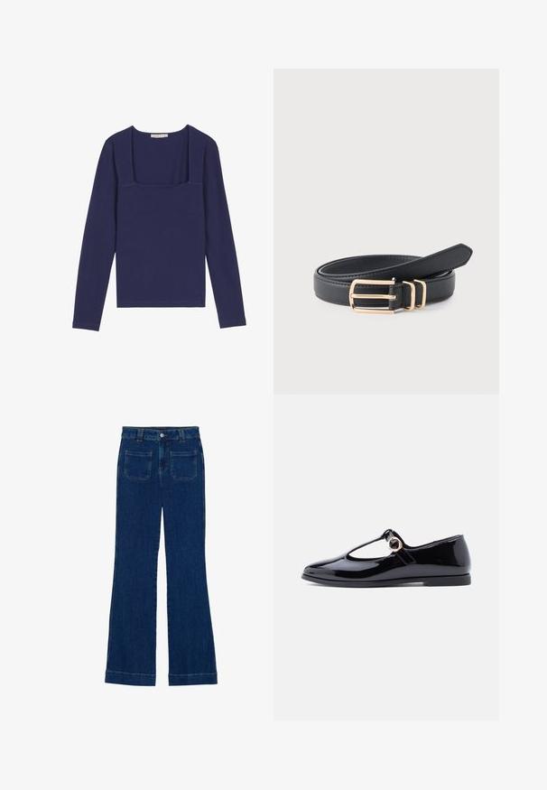Haut à manches longues bleu marine avec un décolleté carré, fabriqué en tissu doux avec une texture lisse. Silhouette classique et ajustée avec un ourlet propre.; Jean flare en denim bleu foncé avec une texture lisse, design à cinq poches et fermeture à bouton à la taille.; Chaussure Mary Jane en cuir verni noir avec un bout arrondi, une bride en T et un détail en métal doré circulaire, semelle plate et finition lisse et brillante.; Ceinture en cuir noir enroulée avec une boucle rectangulaire dorée et deux passants assortis en or sur un fond clair.