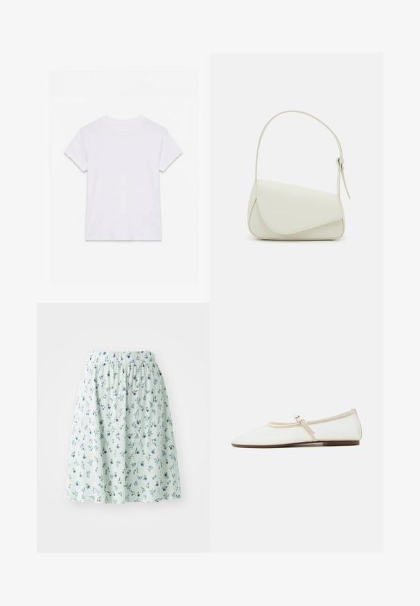 Camiseta blanca lisa de algodón de manga corta y cuello redondo, colocada plana sobre un fondo blanco.; Falda floral con cintura elástica, hecha de tela ligera. Presenta una base verde menta con pequeños patrones florales azules y blancos en toda la prenda.; Zapato plano Mary Jane blanco con puntera puntiaguda, tira delgada ajustable con hebilla plateada y suela marrón sobre fondo blanco.; Bolso de mano de imitación cuero blanco con una forma triangular estructurada, correa ajustable única y cierre con solapa acentuada en curva.