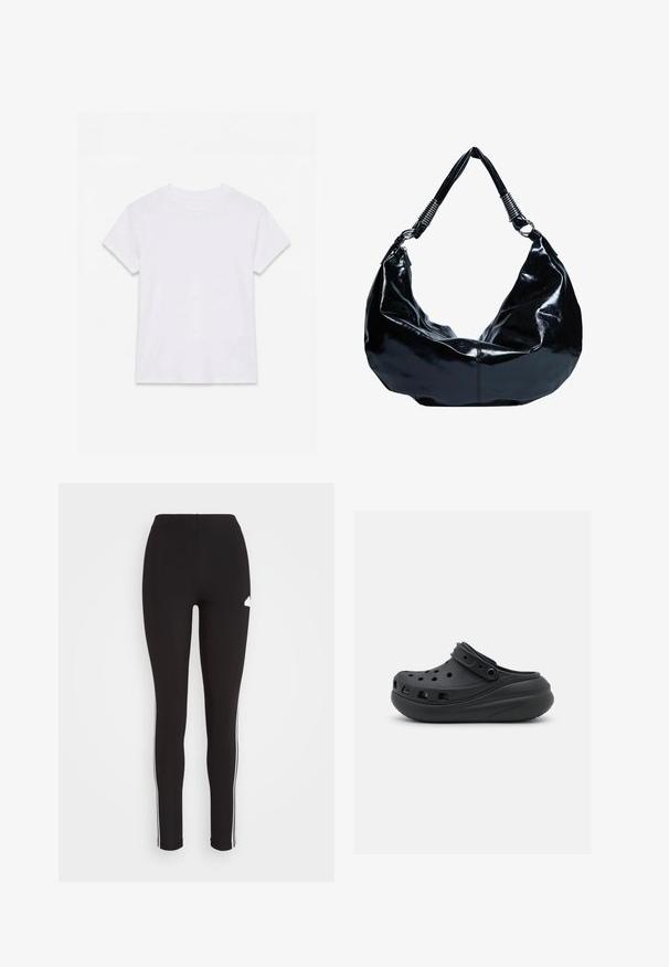 Hvid kortærmet t-shirt i bomuld med rund hals, lagt fladt på en hvid baggrund.; Svarte leggings med tætsiddende design, der har hvide sideliste og et lille logo på den øverste venstre lår. Glat, strækbart materiale.; Sorte gummiklipper med ventilationshuller, hævet hæl og justerbar rem. Glat tekstur og rund form.; Sort blank skuldertaske af læder med sølvspiral-detaljer på håndtaget og en buet, slasket form.