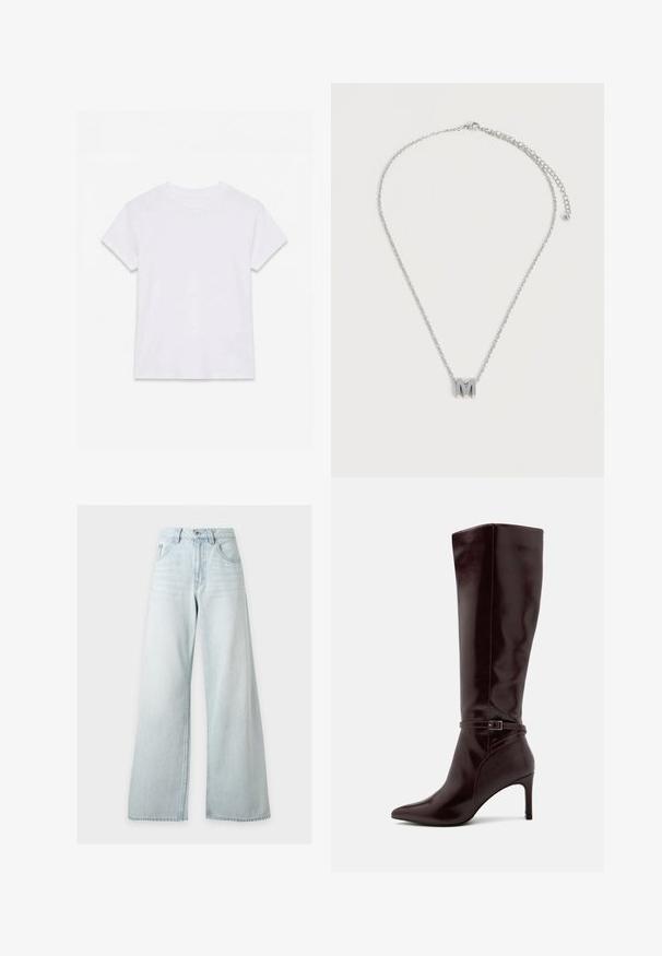T-shirt en coton blanc uni à manches courtes et col rond, étalé à plat sur un fond blanc.; Jean bleu clair taille haute à jambes larges avec bouton et fermeture éclair devant, poches avant et passants de ceinture sur fond blanc.; Anna Field Bottes - bordeaux; Collier chaîne en argent avec un pendentif en forme de lettre M en argent et un fermoir réglable sur fond blanc.