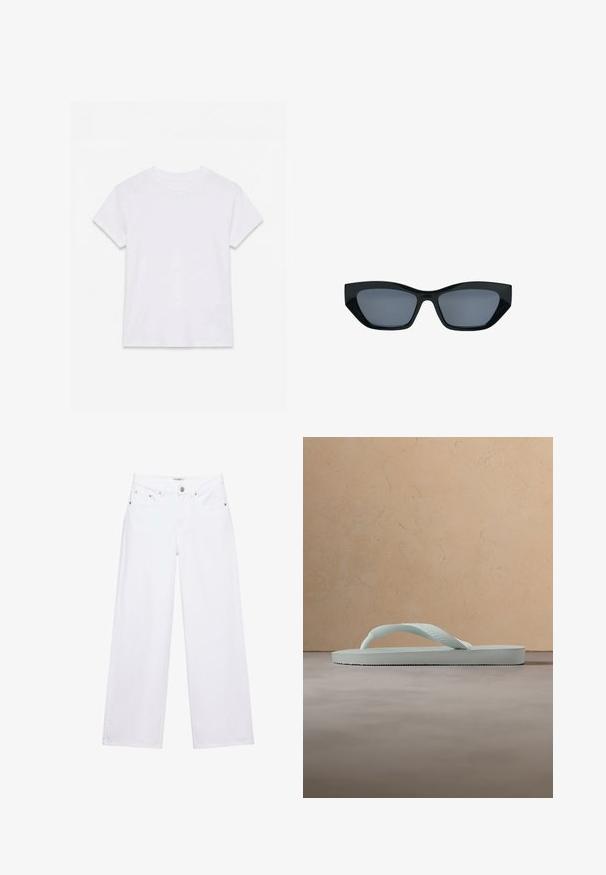 T-shirt en coton blanc uni à manches courtes et col rond, étalé à plat sur un fond blanc.; Jean blanc taille haute à jambes larges avec fermeture à boutons et zip, poches avant et arrière, et détails en rivets argentés.; Tongue en caoutchouc beige clair unique avec semelle texturée et bride en forme de Y sur un fond gris uni.; Lunettes de soleil noires style œil de chat avec des montures épaisses et des verres teintés foncés, présentées sur fond blanc.