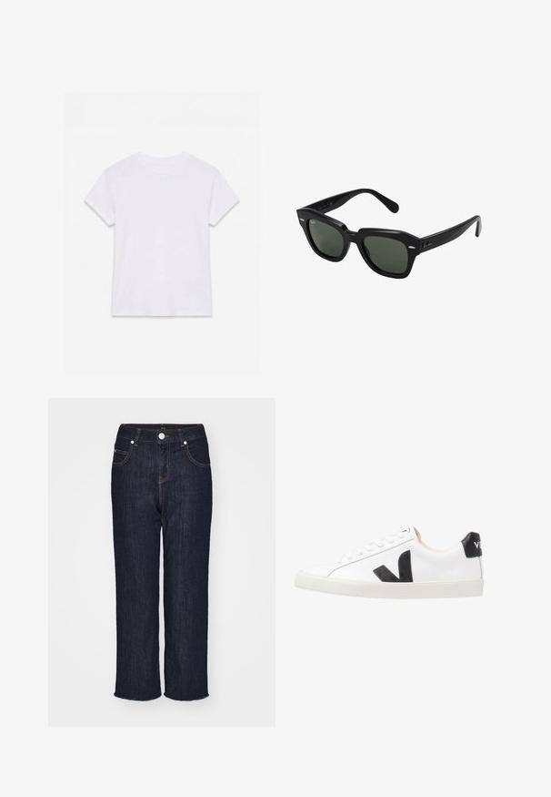 Effen wit katoenen T-shirt met korte mouwen en ronde hals, plat gelegd op een witte achtergrond.; Donkerblauwe denim jeans met een rechte pijpdesign, vijf zakken en een raw hem. Voorzien van contrasterende stiksels en een metalen knoopsluiting.; Witte sneaker met een zwart V-logo, voorzien van een gladleren bovenwerk, ronde neus, vetersluiting en een contrasterende zwarte hieltab.; Zwarte vierkante zonnebril met donker groene lenzen, uitgerust met gedurfde monturen en zilveren accenten aan de zijkanten. Gemaakt in Italië.