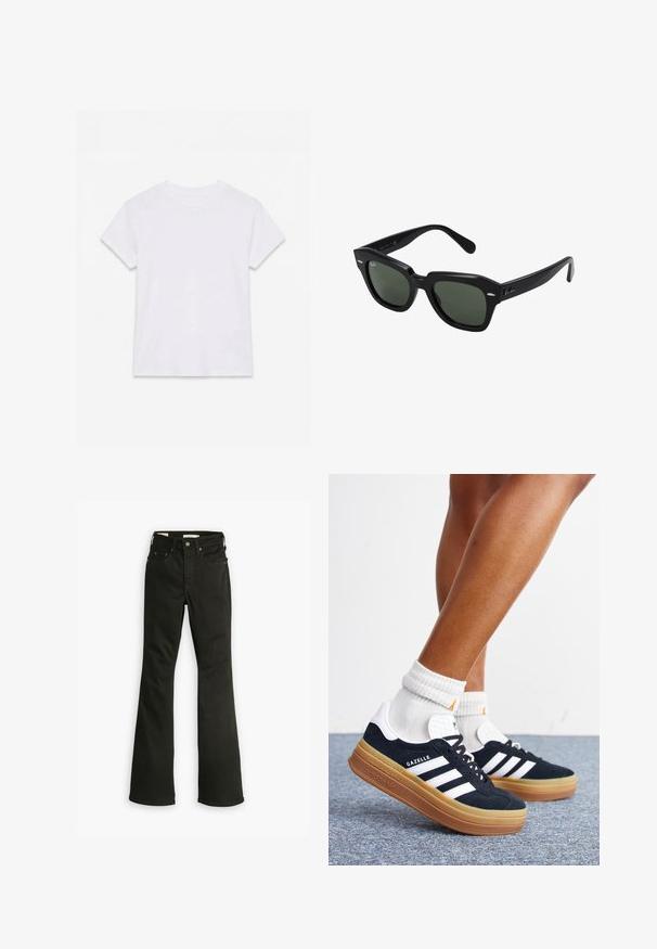 Schlichtes weißes kurzärmliges Baumwoll-T-Shirt mit Rundhalsausschnitt, flach auf einem weißen Hintergrund liegend.; Schwarze Schlagjeans aus Denim. Verfügt über ein klassisches Fünf-Taschen-Design mit Reißverschluss, robuster Naht und sauberem Saum.; Beine mit weißen Socken und schwarzen Adidas Gazelle Sneakers mit weißen Streifen und dicken braunen Sohlen auf einem grauen Teppichboden.; Schwarze quadratische Sonnenbrillen mit dunkelgrünen Gläsern, ausgestattet mit markanten Rahmen und silbernen Akzenten an den Seiten. Hergestellt in Italien.