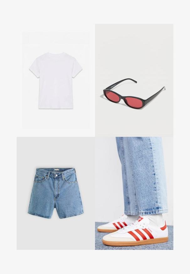 T-shirt en coton blanc uni à manches courtes et col rond, étalé à plat sur un fond blanc.; Short en denim bleu clair avec bouton et fermeture éclair à l'avant, passants de ceinture, et design à cinq poches sur un fond uni.; Baskets en cuir blanc avec des rayures et des accents rouges. Dotées d'une semelle extérieure en gomme texturée et d'un col rembourré. Portées avec un jean en denim bleu clair.; Lunettes de soleil ovales noires avec des branches fines et des verres teintés rouges posées sur une surface blanche.