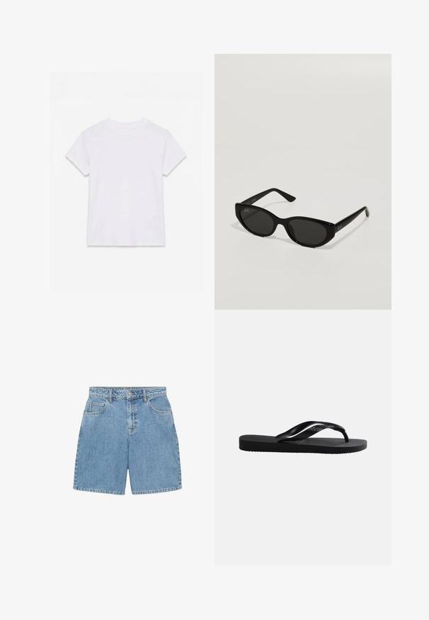 Effen wit katoenen T-shirt met korte mouwen en ronde hals, plat gelegd op een witte achtergrond.; Lichtblauwe denim shorts met een hoge taille, vier zakken en zichtbare stiksels. Gemaakt van gestructureerde denimstof.; Zwarte rubberen teenslipper met gestructureerd voetbed en een glad Y-vormig bandje op een effen lichte achtergrond.; Zwarte zonnebril met een smal, kattenoogvorm. Gemaakt van glad plastic, met donkere glazen en subtiele logo-accenten op de veren.