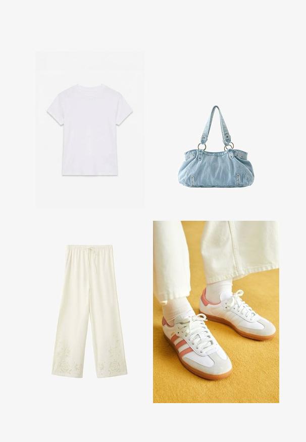 T-shirt en coton blanc uni à manches courtes et col rond, étalé à plat sur un fond blanc.; Pantalon large crème avec taille élastique, cordon de serrage et broderie en dentelle florale près des ourlets.; Baskets blanches avec des accents roses, en matériaux de daim et de cuir, à bout rond et semelle en caoutchouc, présentées avec des chaussettes claires sur un fond jaune.; Sac à main en denim bleu clair avec deux bretelles attachées à des anneaux métalliques et des rivets décoratifs à l'avant et sur les côtés.