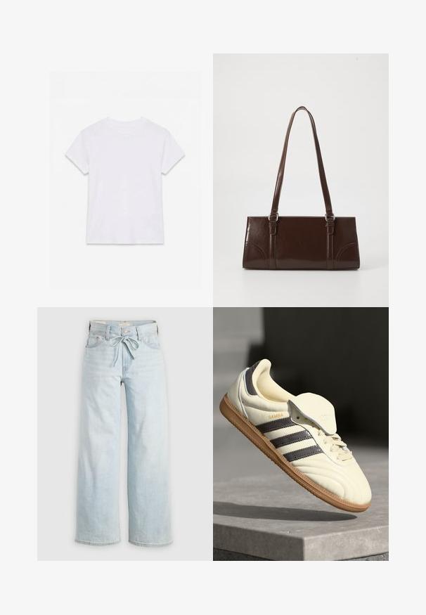 Camiseta blanca lisa de algodón de manga corta y cuello redondo, colocada plana sobre un fondo blanco.; Jeans de tiro alto de color azul claro, de pierna ancha, con lazo en la parte delantera, diseño clásico de cinco bolsillos y un sutil detalle de desgaste en las piernas. Material de denim.; Zapatilla de cuero crema con tres rayas oscuras, suela de goma marrón y punta redondeada. Cuenta con una lengüeta plegable etiquetada como "SAMBA".; Bolso de mano de piel sintética marrón con forma rectangular, dos asas largas y sutiles acentos curvados en la parte delantera.