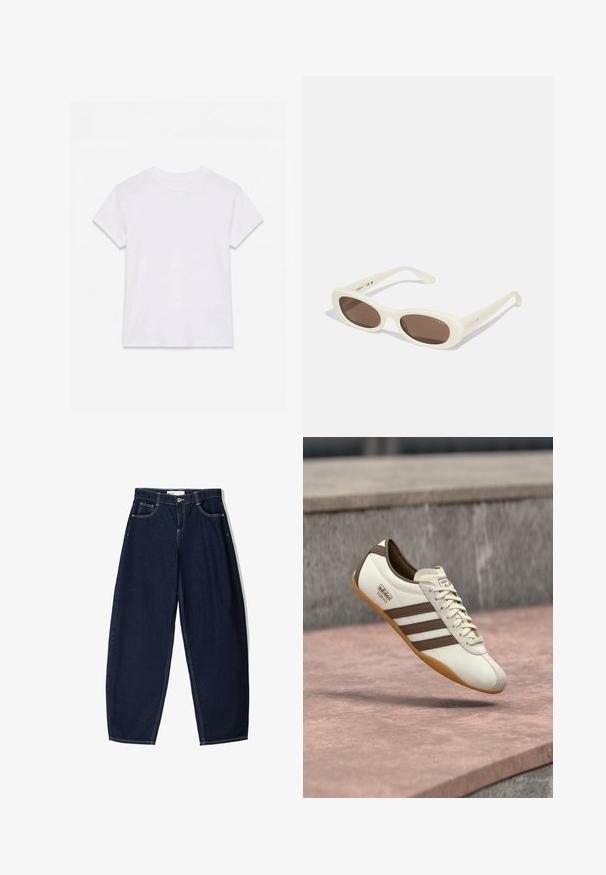 Hvid kortærmet t-shirt i bomuld med rund hals, lagt fladt på en hvid baggrund.; Mørkeblå denimbukser med løs pasform, der har fem lommer, kontrasterende syninger og lynlåslukning foran.; Hvid sneaker med brune accenter og tre striber, med en ruskindsnæse, cremefarvede snørebånd og en sål af gummigummi. Mærkets logo vist.; Cremefarvede solbriller med ovale linser, brunt tonede, med en blank finish og subtil "Vogue" branding på siden.