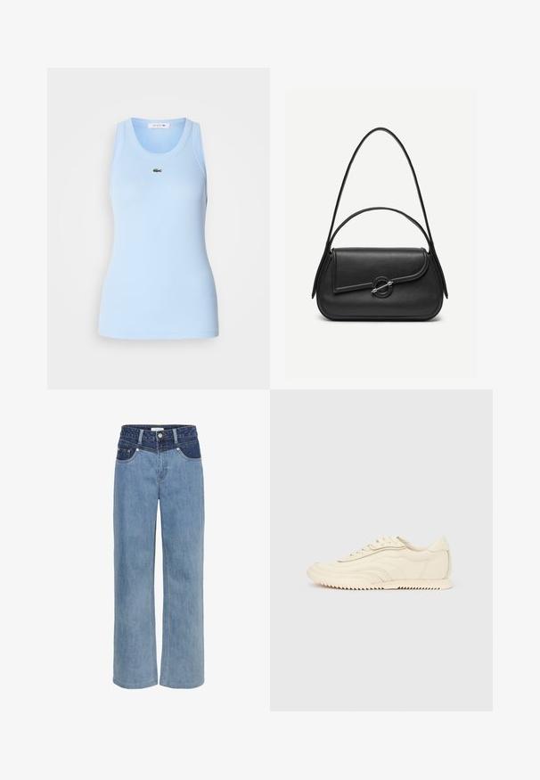 Lys blå tanktop lavet af ribbet stof, med rund hals og et lille grønt Lacoste-logo på brystet. Glat tekstur.; Lyseblå denim bukser med vid ben, højt liv, fem lommer og en kontrasterende mørkeblå lap foran.; Lavprofileret sneaker i cremefarve med bølget syning, snørebånd og en rilleret sål, vist fra siden på en ensfarvet baggrund.; Sort læderhåndtaske med afrundede kanter, asymmetrisk klap, metalcirkulært spænde samt både korte og lange skulderstropper.